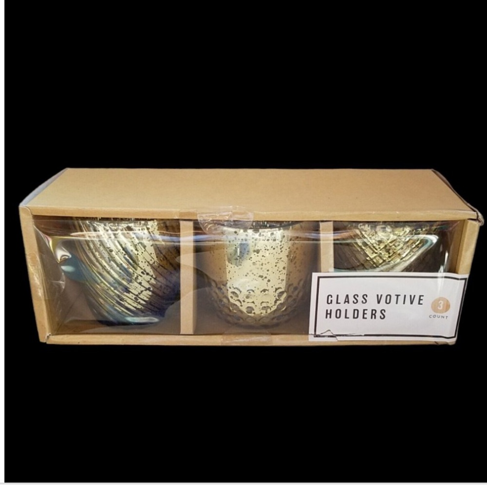 Votive Candle Holders Set of 3 Decorated Glass Gold with Black Specks Detail 3"